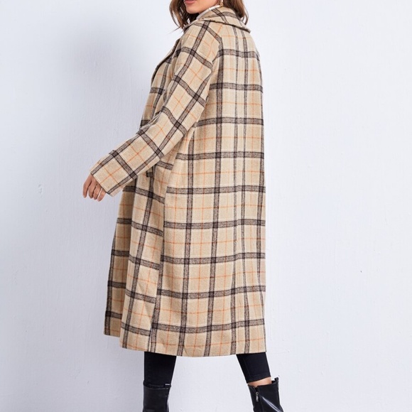 beige plaid button pocket fall trench pea coat - Picture 4 of 5